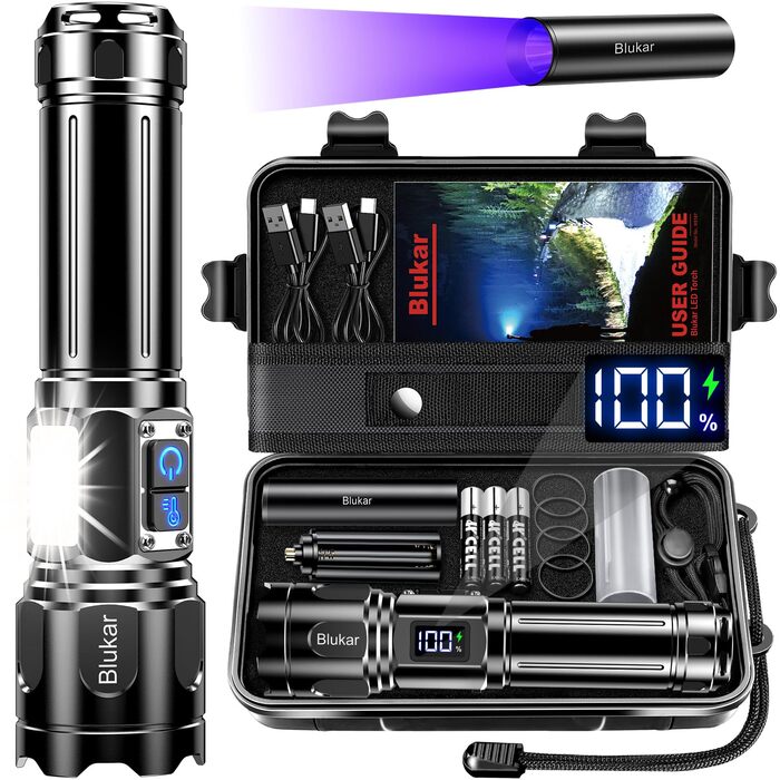 Ліхтар Blukar LED з двома температурами світла, бічним COB-підсвічуванням, регулюванням яскравості та зумом, акумуляторний, водонепроникний, 7 режимів, чорний