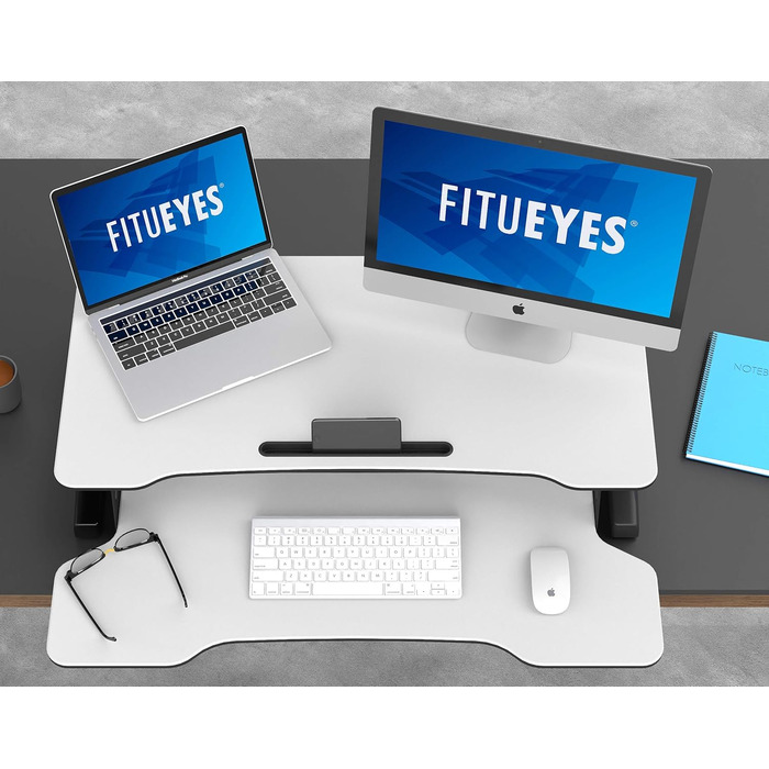 Регульований стіл-надставка FITUEYES для офісу, сидячи/стоячи, 92x40 см, з полицею для клавіатури, для двох моніторів, білий