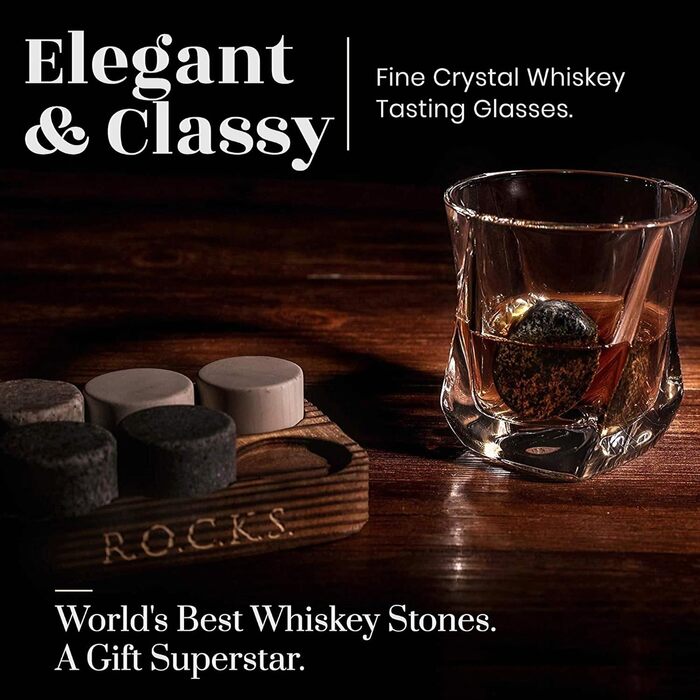 Подарунковий набір Whiskey Stones 6 гранітних каменів преміум-класу, 2 кришталеві келихи, піднос з листяних порід дерева, елегантна подарункова коробка