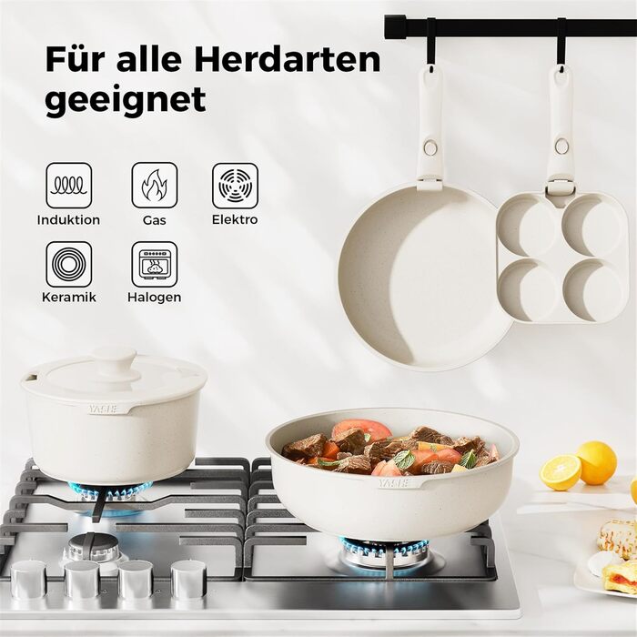 Набір посуду YASHE 20 предметів: каструлі та сковорідки з знімними ручками, антипригарне покриття, індукційний, до 230°C, для миття в посудомийній машині, сірий та білий