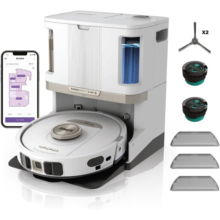 Робот-пилосос Shark PowerDetect 2-в-1 з функцією миття, NeverTouch Pro, 60 днів автономності, самостійне очищення контейнера, 3D та LiDAR навігація, уникнення перешкод NeverStuck, керування через додаток, білий, AV2810ZEEUWH, 4 щітки / Anti-Micro Pads / 2