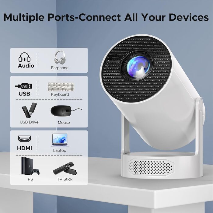Портативний проєктор Mini Beamer з динаміком, підтримка 1080P/4K, Auto Keystone, WiFi 6, Bluetooth 5.0, 220° обертання, для домашнього кінотеатру та використання на вулиці
