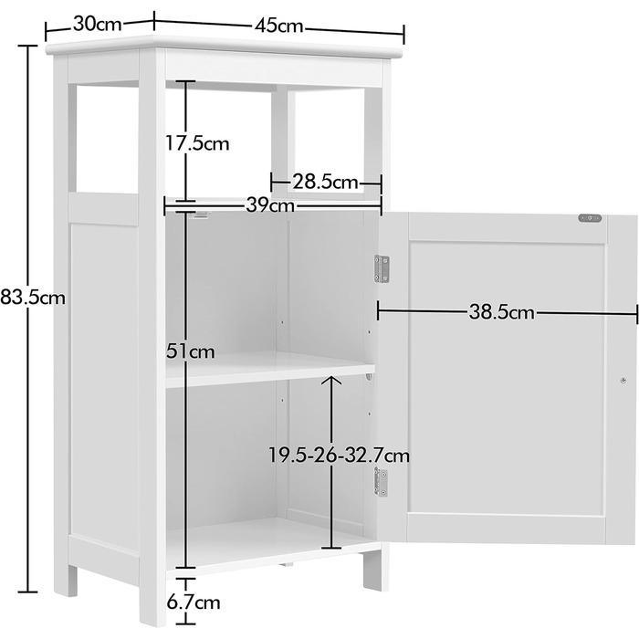 Рівнева тумба для ванної кімнати Yaheetech з одинарними дверцятами та регульованою полицею, біла, 4-