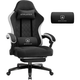 Ігровий крісло GTPLAYER з тканиною, з кишеньковим пружинним сидінням, ергономічний поворотний крісло, геймерське крісло з підніжкою, чорний, до 150 кг