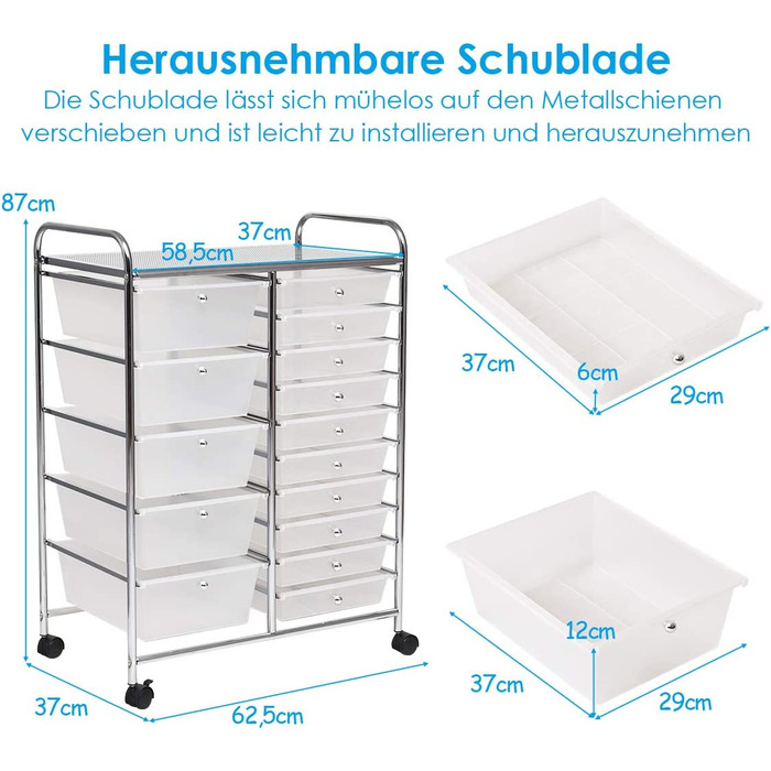 Візок COSTWAY з 15 ящиками, металевий каркас, 62,5x37x87 см, прозорий, 5 великих і 10 маленьких ящиків