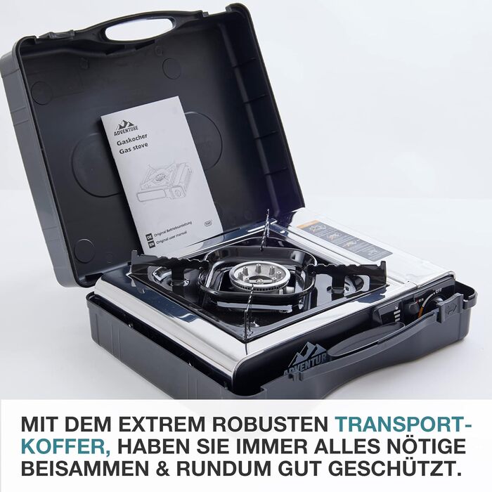 Газовий наметний котел TOM Adventure з нержавіючої сталі (4 картриджі, кейс) – Piezo запалювання, 1 конфорка