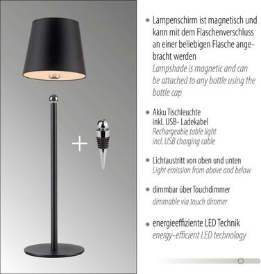 LED настільна лампа SellTec на акумуляторі, USB, білий колір, диммер, IP54, для саду, тераси, кемпінгу (чорний)