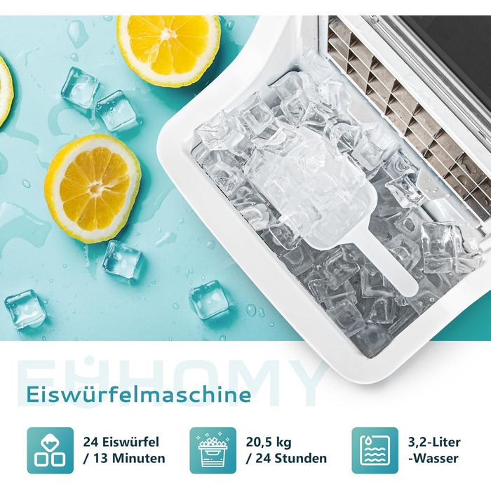 Машина для приготування льоду EUHOMY з нержавіючої сталі, 24 кубики за 13 хвилин, 24 кг/24 год, самоочисна, 3.2 л, з лопаткою та кошиком для дому/кухні/офісу/бару/RV, срібна