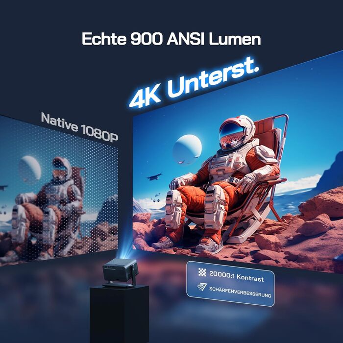 Міні проектор WOLFANG 4K з автофокусом та корекцією трапеції, 28000 люмен, WiFi 6, Bluetooth, для домашнього кінотеатру, 180° підставка, підтримка iOS/Android, для показу на вулиці