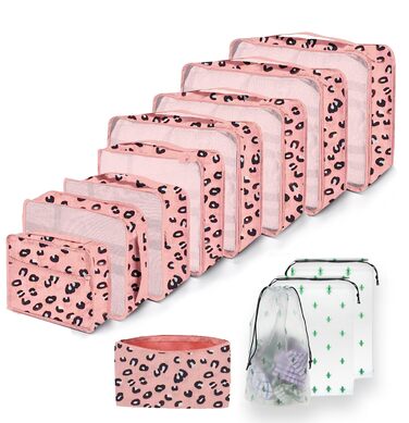Набір органайзерів для валізи 12 предметів, водонепроникні пакувальні куби для подорожей та зберігання речей, принт леопард