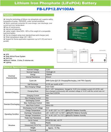 Акумулятор Miady 12V 100Ah LiFePO4 із захистом BMS, 3000 циклів, не потребує обслуговування для сонячної системи, автофургону, човна