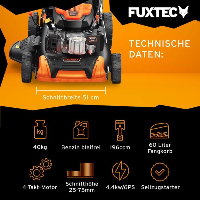 Бензокоса FUXTEC 4в1 FX-RM5196 з Edge-Cut: газонокосарка, 51 см, самохідна, 96 см3, великі колеса, 60л травосбірник