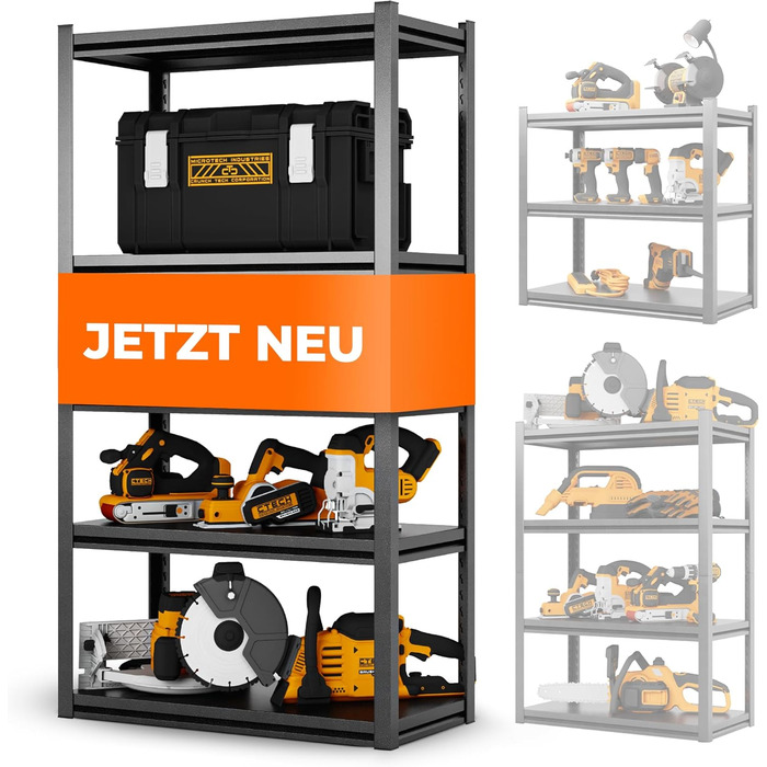 Металевий стелаж з металевими полицями - швидкий монтаж [НЕ СХИЛЬНИЙ ДО ПЛІСНІ & надзвичайно стабільний] Важкий металевий стелаж чорного кольору з п'ятьма полицями - стелаж для зберігання, підвальний стелаж, стелаж для гаража. Розміри: 160x86x45 см, 5 пол