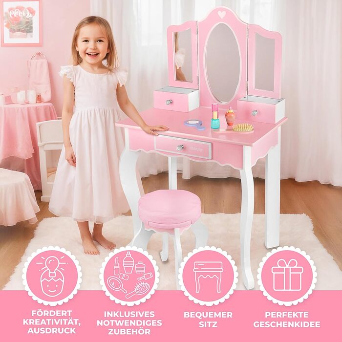 Дитячий туалетний столик Kinderplay Green з дзеркалом та стільчиком – Рожевий комплект для гри та макіяжу