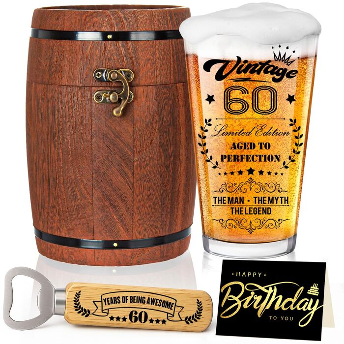 Персоналізований пивний келих з гравіюванням для чоловіка на 60 років, 1966 рік народження, в дерев'яній подарунковій коробці 470 мл + відкривачка для пляшок. Ідея подарунка на День народження, День Святого Валентина.