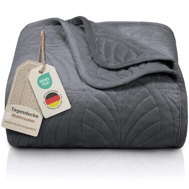 Преміум ковдра-плед Grafensteyn 200x220 см – м'яка, безшовна стежка, дизайн листя, велюрова тканина – для ліжка та дивану (антрацитовий)