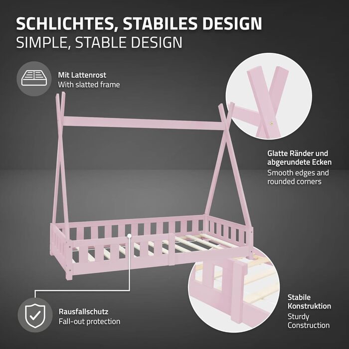 Дитяче ліжко-халапа Tipi ML-Design біле з бортиками та ламелями, з сосни, індіанське ліжко для дівчаток та хлопчиків, ліжко-будиночок з огорожею, підлогове ліжко-халапа для дітей та підлітків, ігрове ліжко-намет (80x160 см з матрацом, рожеве)