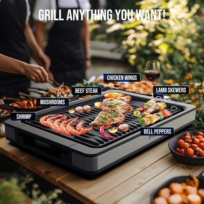 Електричний гриль FIMEI для столу 1800W з антипригарним покриттям, регулюванням температури, для балкону, дому та вулиці, з піддоном для збору жиру (можна мити в посудомийній машині)