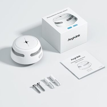 Датчик диму Rauchmelder AEGISLINK S500 з батареєю, 10 років роботи, фотоелектричний, з тестом та функцією вимкнення звуку, сповіщення про слабкий акумулятор (1 шт.)