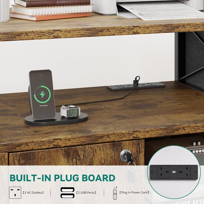 Підставка для принтера YITAHOME з розетками, роликова, з полицею та кишенькою, з замком для документів, для дому/офісу (колір: коричневий)