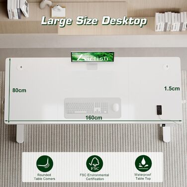 Електричний регульований стіл Airfish 160 x 80 см з USB-C зарядкою, кабелеуправлінням та 3 рівнями пам'яті (білий)