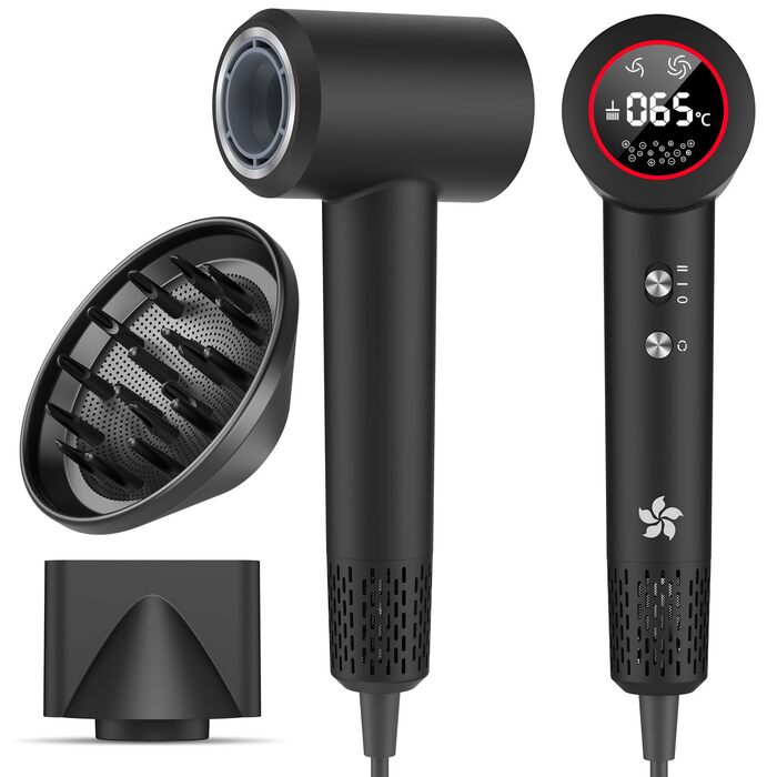 Професійний фен для волосся з дифузором, безщітковий двигун 110 000 об/хв, 400 млн плазмових іонів, низький рівень шуму 57дБ, чорний