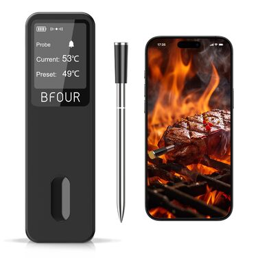 Термометр для м'яса BFOUR BF-30 PRO: бездротовий Bluetooth термометр для гриля з підключенням до додатку, LCD-дисплей, IP67 водонепроникний, для BBQ, духовки, гриля, кухні (чорний)