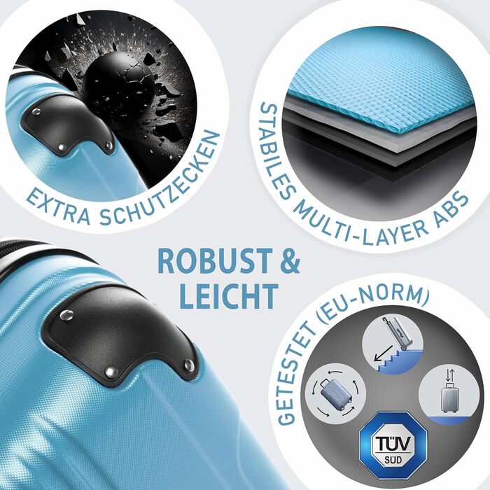 Набір валіз FERGÉ QUÉBEC з ABS-пластику, 3 предмети (ручна поклажа, L, XL), колір Ice-blue