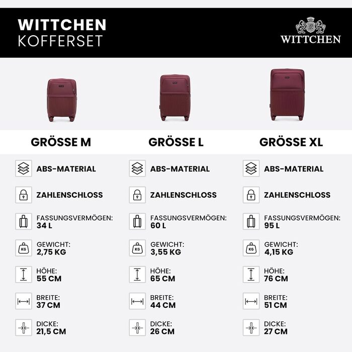 Набір валізWITTCHEN AXIS 3 шт. | Ручна та велика валіза | Гібрид ABS Nylon з TSA замком, телескопічною ручкою та 360° колесами | Бордовий колір