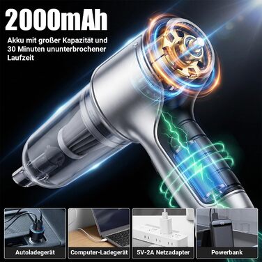 Акумуляторний ручний пилосос 18000Па 120Вт, портативний міні-пилосос для авто, дому та кухні, для вологого та сухого прибирання (шерсть тварин), чорний