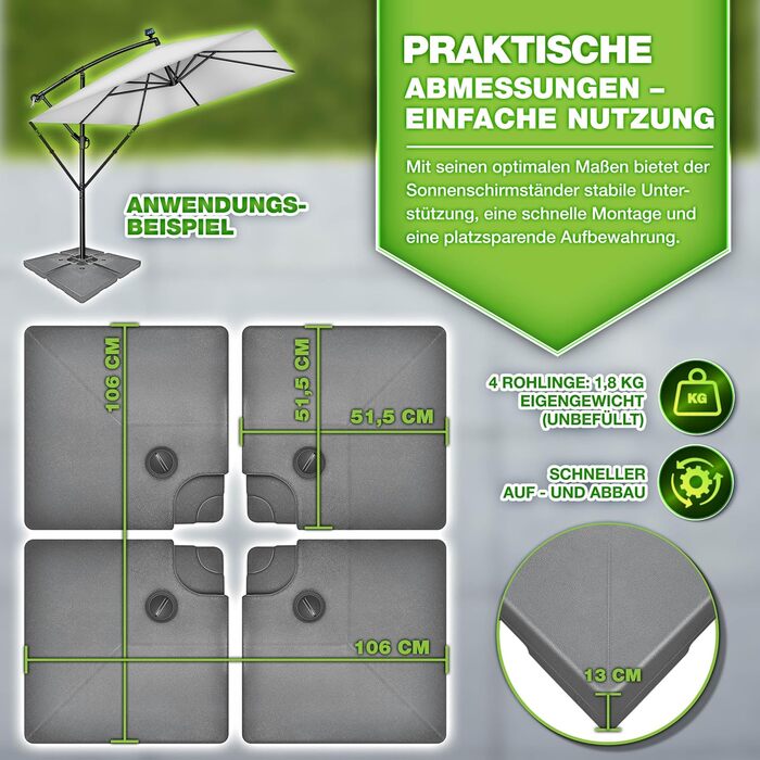 Сонцезахисний стійка Tillvex® на 90 літрів / 120 кг - 4 частини для парасольки, з металевим з'єднувачем. Можна заповнювати водою або піском. Стійка для парасольки Ampelschirmständer, вологостійка (Антрацит)