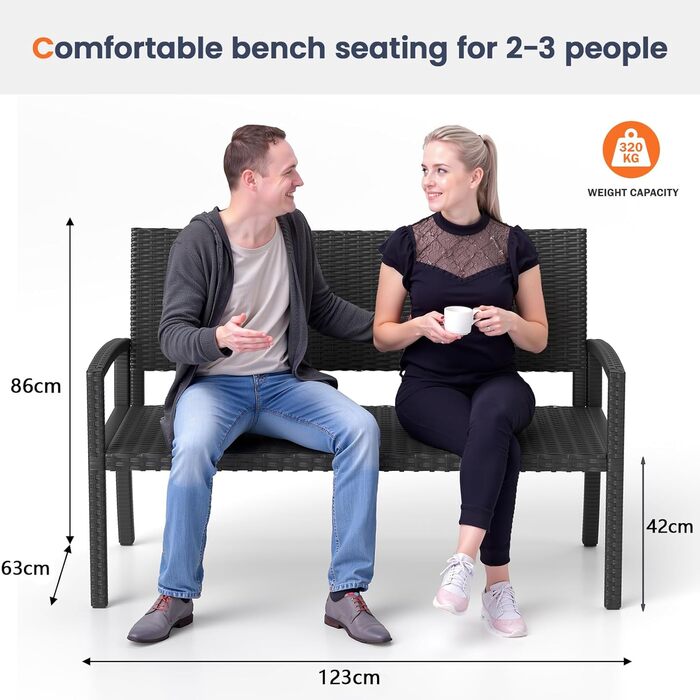 Садова лавка Udpatiо з ротангу для тераси, балкона та саду, чорна 123x63x86 см, витримує до 320 кг