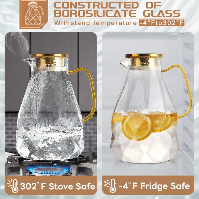Скляна карафа Yirilan 2.2 л з кришкою, 74 унції, для води, скляна банка, глечик для води, скляний глечик
