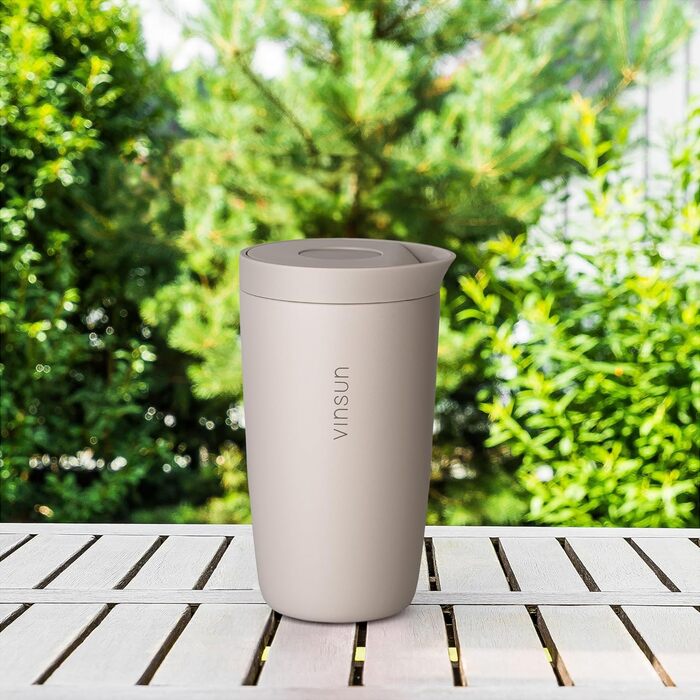 Термокружка VINSUN для кави з собою 350 мл, з подвійними стінками, з нержавіючої сталі, з герметичним клапаном, для гарячих та холодних напоїв, для автомобіля, університету, бежевий колір