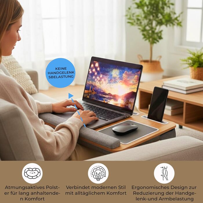 Підставка для ноутбука в ліжко та диван з подушкою, тримач для телефону та підставка для зап'ястя – підходить для ноутбуків до 17' – легка та комфортна для офісу, навчання та відпочинку (Сіра)