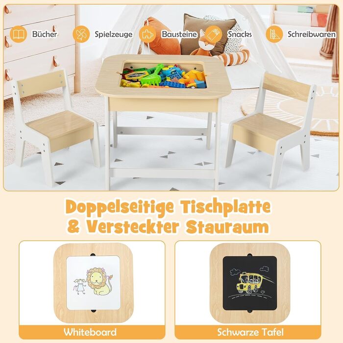 Дитячий стіл Dreamade з 2 стільцями: комплект меблів для дитячої кімнати, стіл з двосторонньою поверхнею та місцем для зберігання, для дітей від 3 років