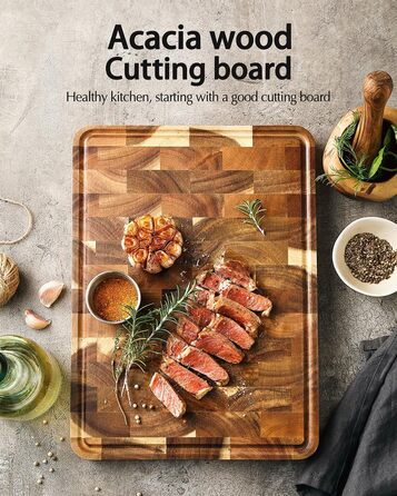 Дерев'яний обробний дошка XINZUO з акації (35x25x2.6 см) - обробна дошка для кухні з антиковзкими ніжками, ручкою та канавкою для соку, практичний аксесуар для кухні
