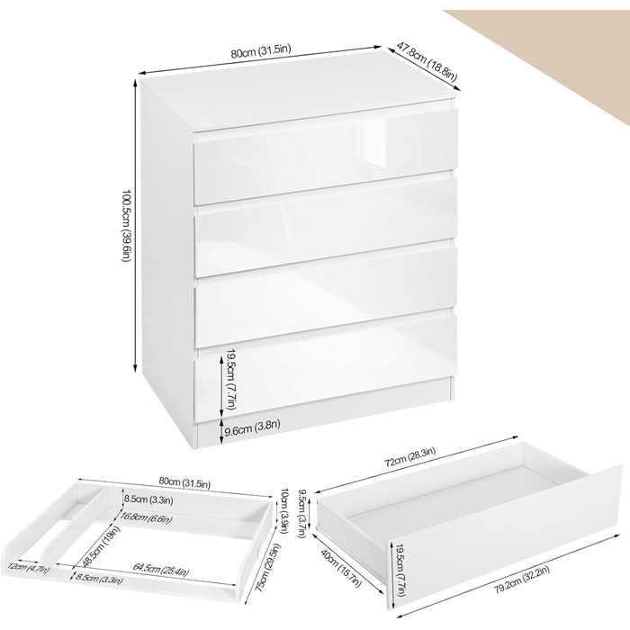 Комод для переодягання дитини Woltu з знімним пеленальним столиком, пеленальний столик, комод з 4 висувними ящиками, висота 110 см, білий + глянсовий білий