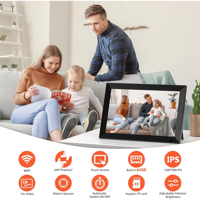 Цифровий фоторамка 10.1 дюйма з Wi-Fi, 64GB пам'яті, IPS LCD сенсорний екран 1280x800, автоповорот, аудіо, швидке завантаження фото та відео, чорний
