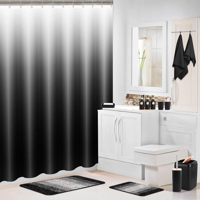 Набір для ванної кімнати 17 предметів: аксесуари для ванної, сміттєвий бак, дозатори мила, тримач для зубних щіток, 6 дерев'яних гачків, аксесуари для кухні та ванної (Чорний, Комплект для ванної + штора для душу + килимок для ванної + рушник для ванної)