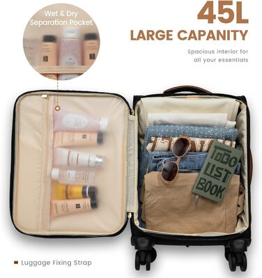 LOVEVOOK Набір валіз ручної поклажі: ручна валіза, середнього розміру, 20 дюймів, з відділенням для ноутбука 17 дюймів, легка, для жінок, подорожі, ділові поїздки, чорний, білий, коричневий