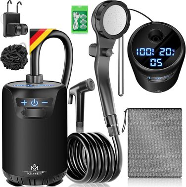 Соняшний душ KESSER® з насосом та акумулятором 8000mAh. Комплект для кемпінгу: регульована лійка, шланг 2м, пістолет-пульверизатор, кріплення. Без бака (Чорний/Чорний)