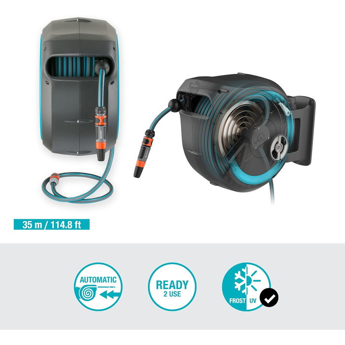 Шланг садовий Gardena RollUp XL (блакитний) 35 м: гнучкий полив для великих садів, поворотна коробка для шланга, з шлангом Gardena 35 м та монтажними аксесуарами (18630-20)