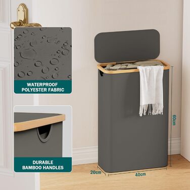 Кошик для білизни Youdenova з кришкою, 48л, вузький, з мішком для білизни, сортувальник, бамбук, білий
