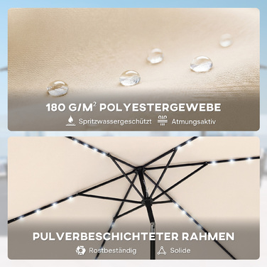 Сонячний парасоль з LED-підсвіткою, приблизно 300 x 200 см, регульований нахил, балконний парасоль з ручним механізмом, захисний чохол, захист від ультрафіолету, поворотний, кремово-білий