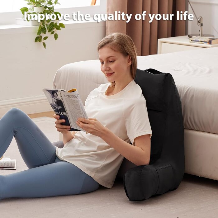 Крісло-мішок з підлокітниками для дорослих, подушка для спини для відпочинку в ліжку, з піною з пам'яті та кишенями, знімний, пральний чохол, для релаксації, перегляду телевізора, чорний, X-Large (24 дюйми)