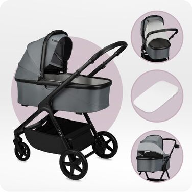 Дитяча коляска MoMi GISELLE 2 в 1 комбінована, сіра, з функцією візка, 5-точкова система безпеки, від народження до 22 кг, з корзиною для покупок, матрацом, дощовиком та пеленатором