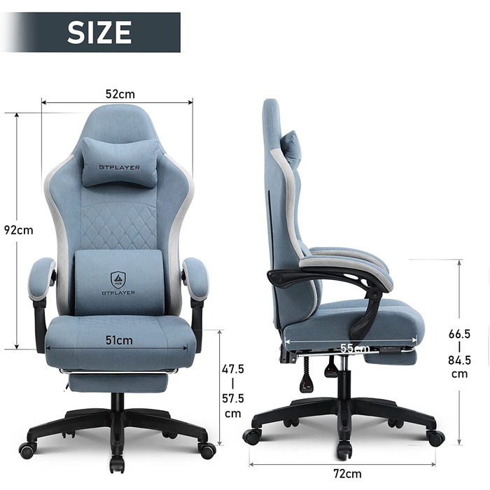 Ігрове крісло Gtplayer ергономічне ігрове крісло робоче крісло з тканинною поверхнею, пружинними подушками сидіння, що з'єднують підлокітниками, з підставкою для ніг Світло-блакитний Світло-блакитний лляної