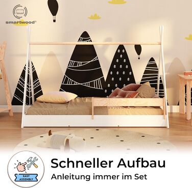 Дерев'яне ліжко-дитяча кімната Smartwood Hausbett: Монтессорі Тіпі з сосни з сертифікатом FSC, захист від падіння та ламелі до 230 кг, для хлопчиків та дівчаток, проста збірка (70x140, білий)