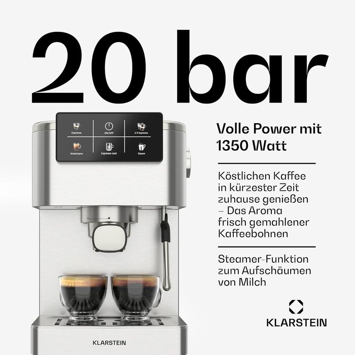 Klarstein SteelPresso Touch: Еспресо-машина з нержавіючої сталі, 20-бар, 1350 Вт, з інтегрованим капучинатором та сенсорним дисплеєм